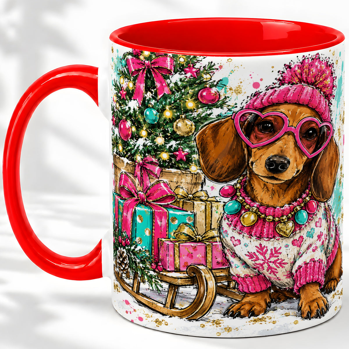 Colorful Christmas Dachshund Accent Mug, Ceramic Mug with Dog Art