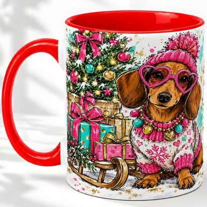 Colorful Christmas Dachshund Accent Mug, Ceramic Mug with Dog Art