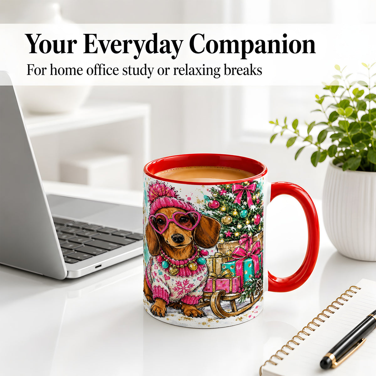 #pl[11oz|Red] Colorful Christmas Dachshund Accent Mug, Ceramic Mug with Dog Art