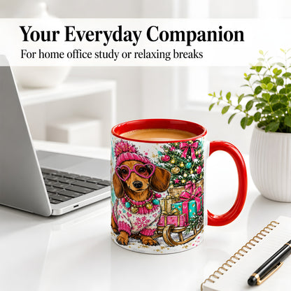 #pl[11oz|Red] Colorful Christmas Dachshund Accent Mug, Ceramic Mug with Dog Art