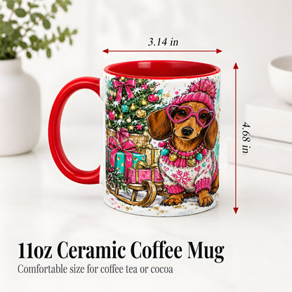 #pl[11oz|Red] Colorful Christmas Dachshund Accent Mug, Ceramic Mug with Dog Art