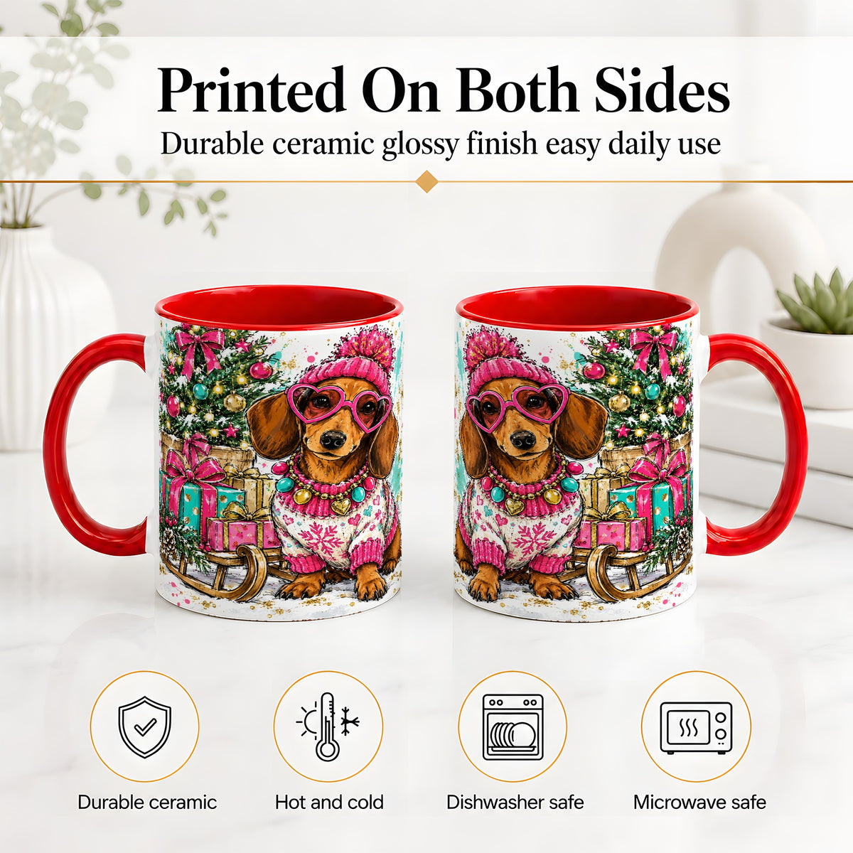 #pl[11oz|Red] Colorful Christmas Dachshund Accent Mug, Ceramic Mug with Dog Art