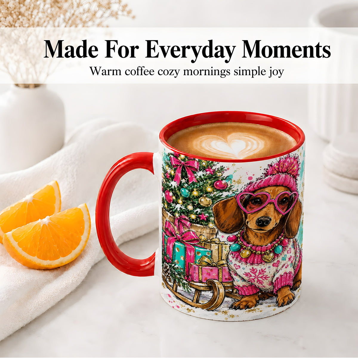 #pl[11oz|Red] Colorful Christmas Dachshund Accent Mug, Ceramic Mug with Dog Art