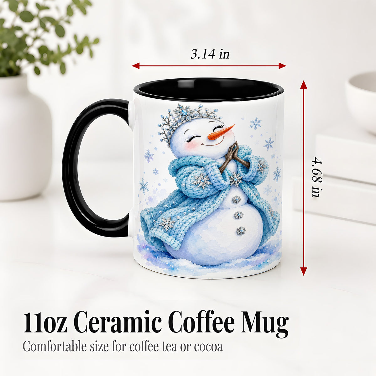 #pl[11oz|Black] Winter Snowman Accent Mug, Ceramic Mug with Blue Snowflake Art