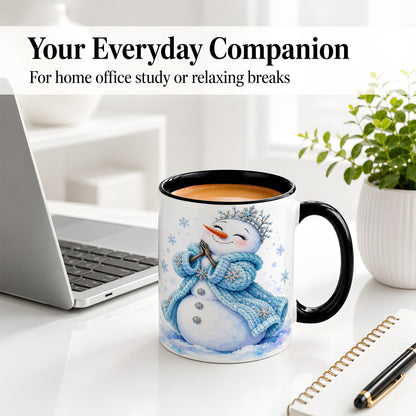 #pl[11oz|Black] Winter Snowman Accent Mug, Ceramic Mug with Blue Snowflake Art