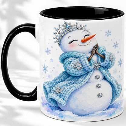 #pl[11oz|Black] Winter Snowman Accent Mug, Ceramic Mug with Blue Snowflake Art