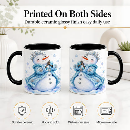 #pl[11oz|Black] Winter Snowman Accent Mug, Ceramic Mug with Blue Snowflake Art