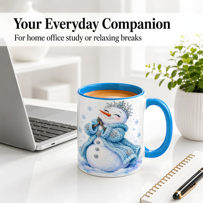 #pl[11oz|Blue] Winter Snowman Accent Mug, Ceramic Mug with Blue Snowflake Art