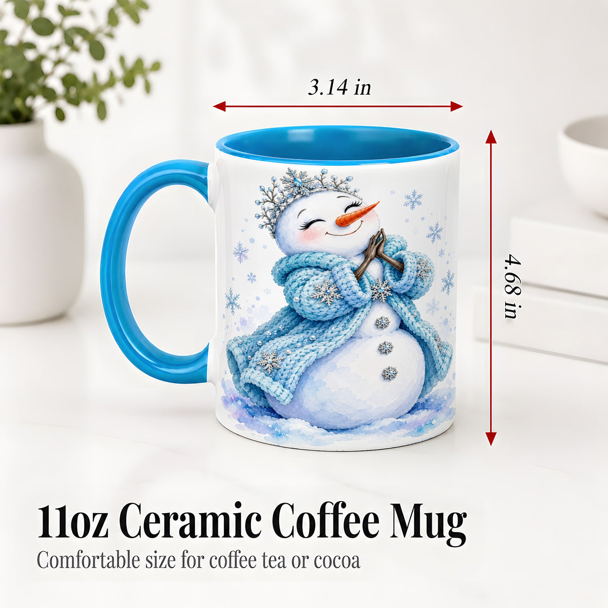 #pl[11oz|Blue] Winter Snowman Accent Mug, Ceramic Mug with Blue Snowflake Art