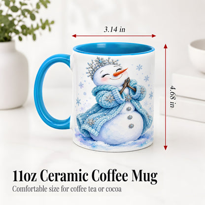 #pl[11oz|Blue] Winter Snowman Accent Mug, Ceramic Mug with Blue Snowflake Art