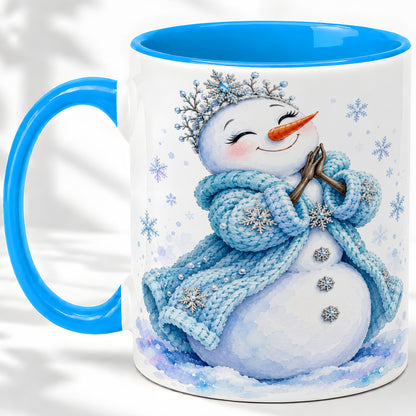 #pl[11oz|Blue] Winter Snowman Accent Mug, Ceramic Mug with Blue Snowflake Art