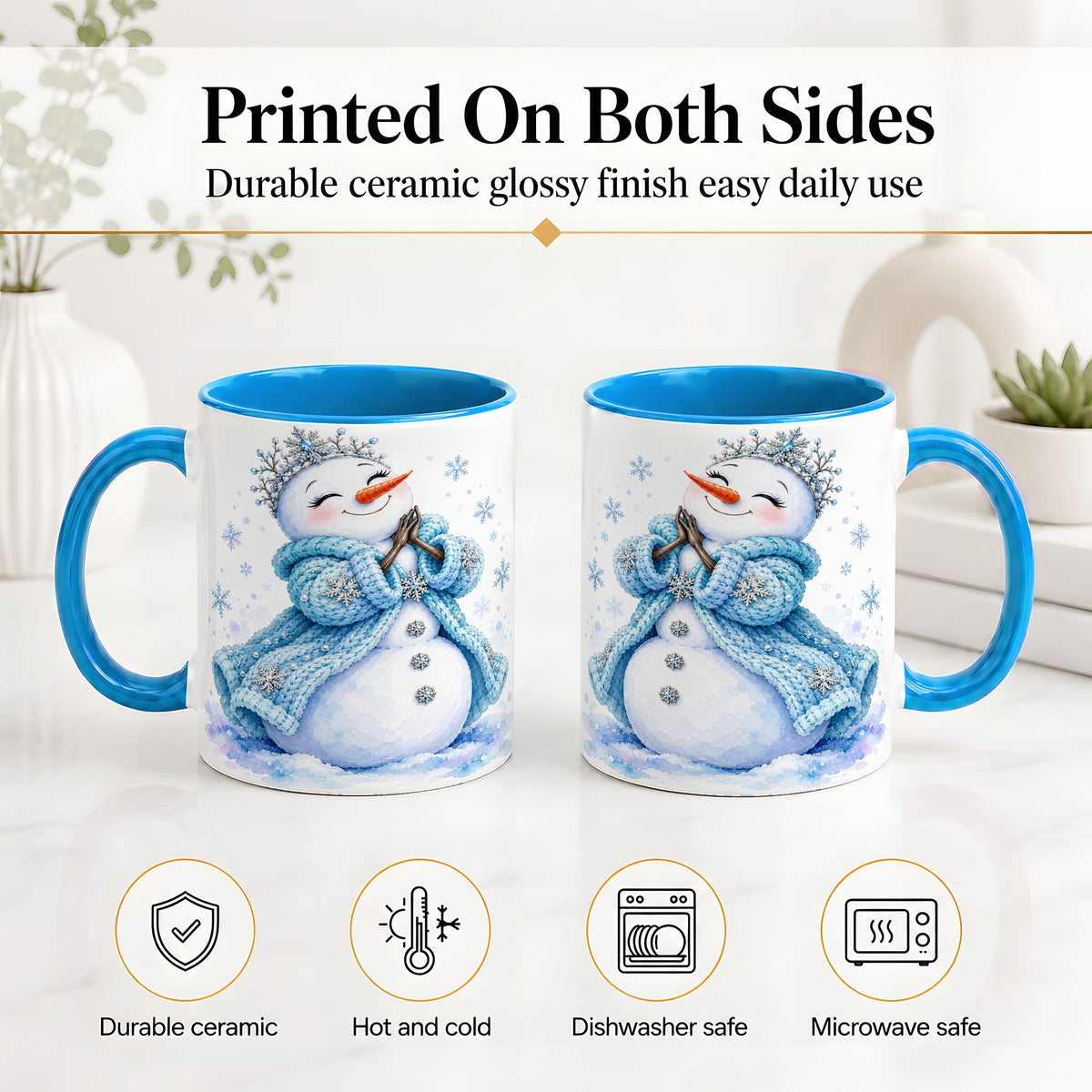 #pl[11oz|Blue] Winter Snowman Accent Mug, Ceramic Mug with Blue Snowflake Art