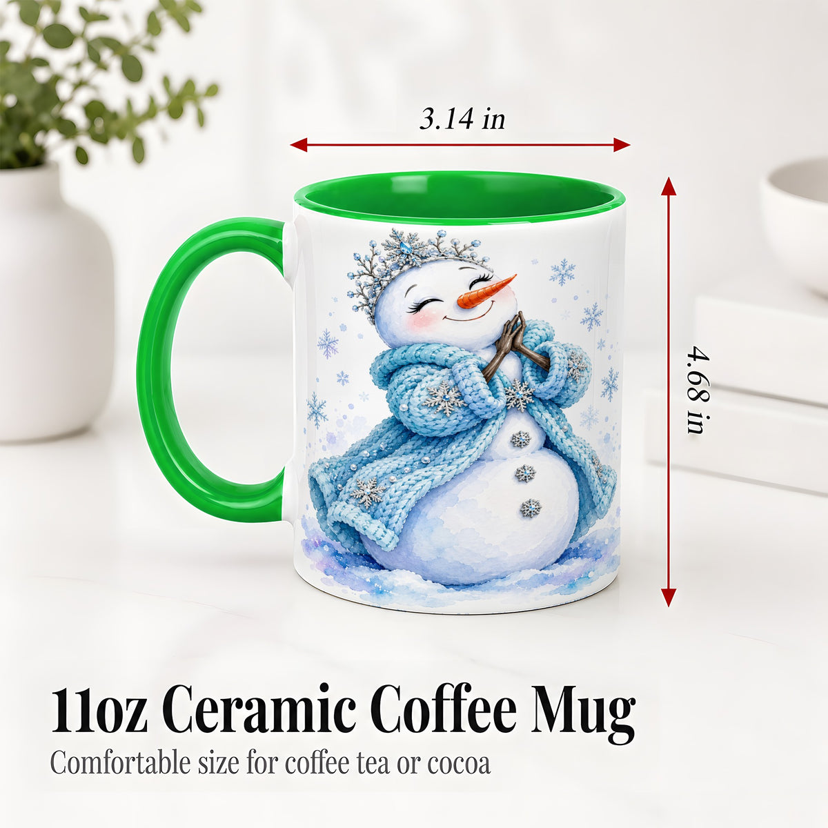 #pl[11oz|Green] Winter Snowman Accent Mug, Ceramic Mug with Blue Snowflake Art