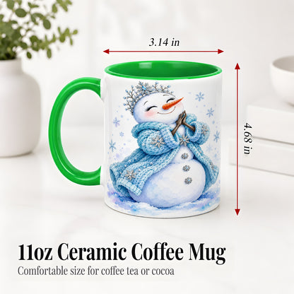 #pl[11oz|Green] Winter Snowman Accent Mug, Ceramic Mug with Blue Snowflake Art