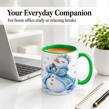 #pl[11oz|Green] Winter Snowman Accent Mug, Ceramic Mug with Blue Snowflake Art