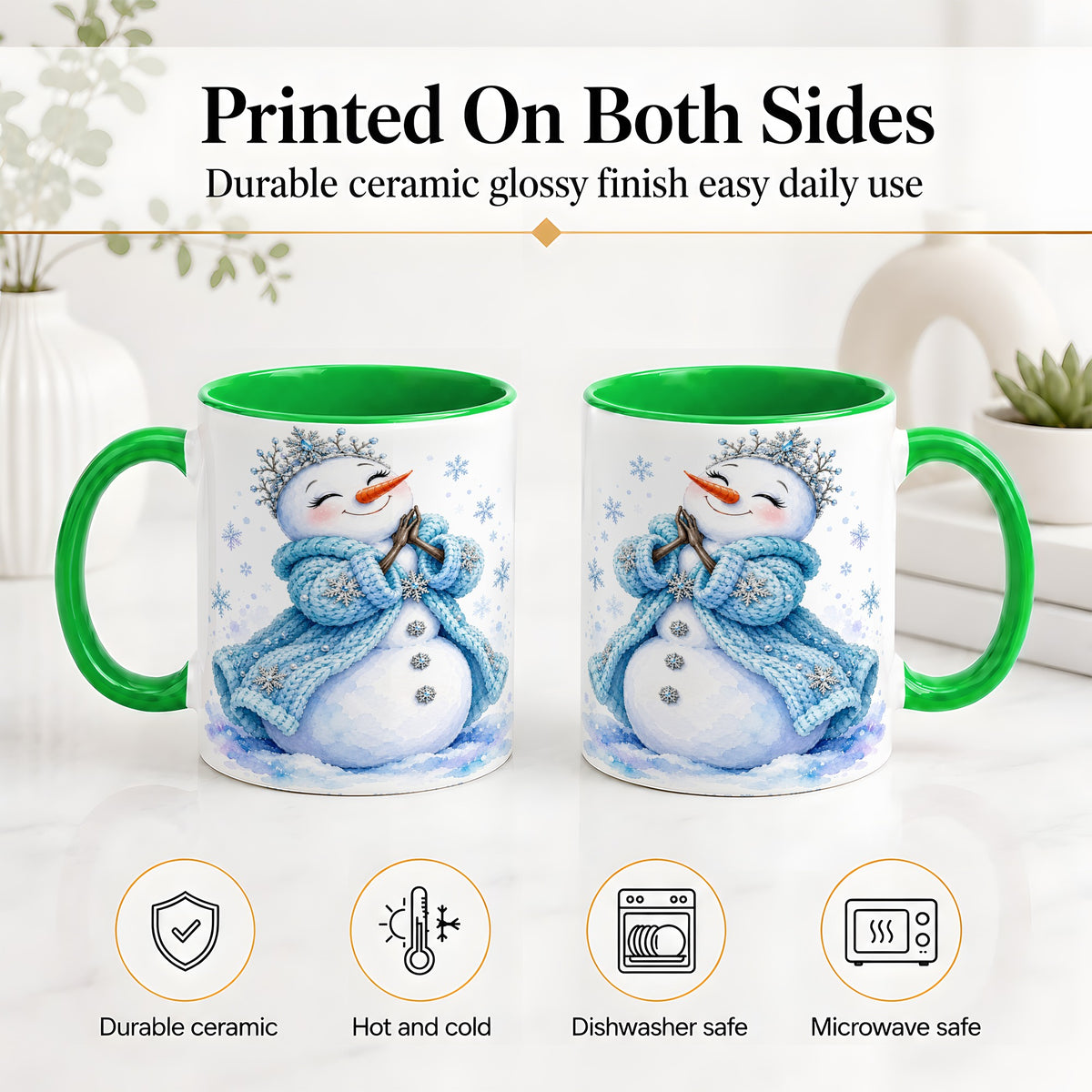#pl[11oz|Green] Winter Snowman Accent Mug, Ceramic Mug with Blue Snowflake Art