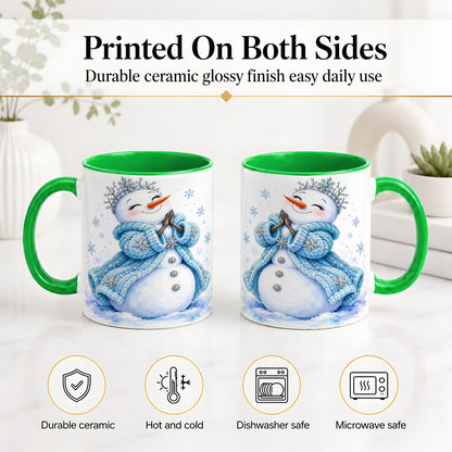 #pl[11oz|Green] Winter Snowman Accent Mug, Ceramic Mug with Blue Snowflake Art