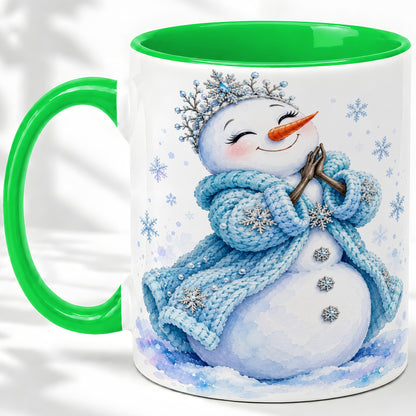 #pl[11oz|Green] Winter Snowman Accent Mug, Ceramic Mug with Blue Snowflake Art