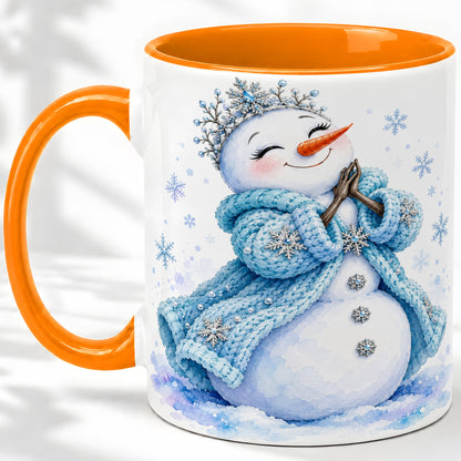 #pl[11oz|Orange] Winter Snowman Accent Mug, Ceramic Mug with Blue Snowflake Art