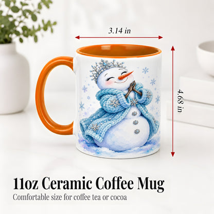 #pl[11oz|Orange] Winter Snowman Accent Mug, Ceramic Mug with Blue Snowflake Art
