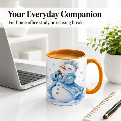 #pl[11oz|Orange] Winter Snowman Accent Mug, Ceramic Mug with Blue Snowflake Art