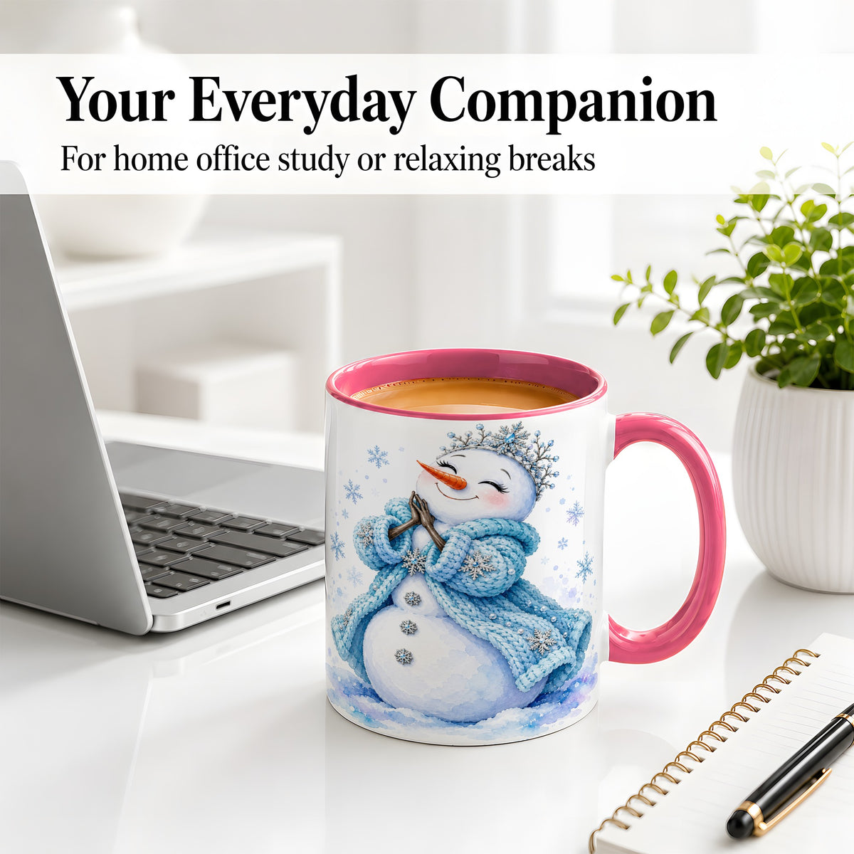 #pl[11oz|Pink] Winter Snowman Accent Mug, Ceramic Mug with Blue Snowflake Art