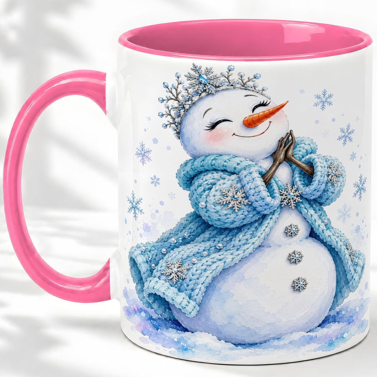 #pl[11oz|Pink] Winter Snowman Accent Mug, Ceramic Mug with Blue Snowflake Art