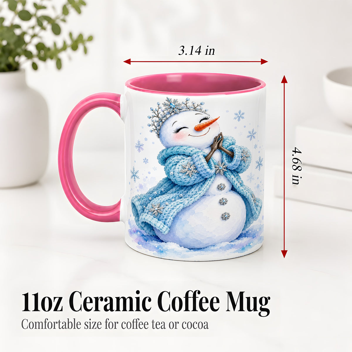 #pl[11oz|Pink] Winter Snowman Accent Mug, Ceramic Mug with Blue Snowflake Art