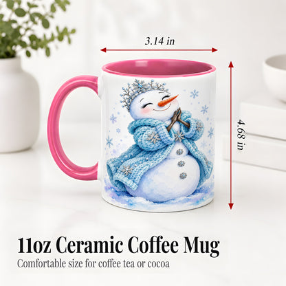 #pl[11oz|Pink] Winter Snowman Accent Mug, Ceramic Mug with Blue Snowflake Art