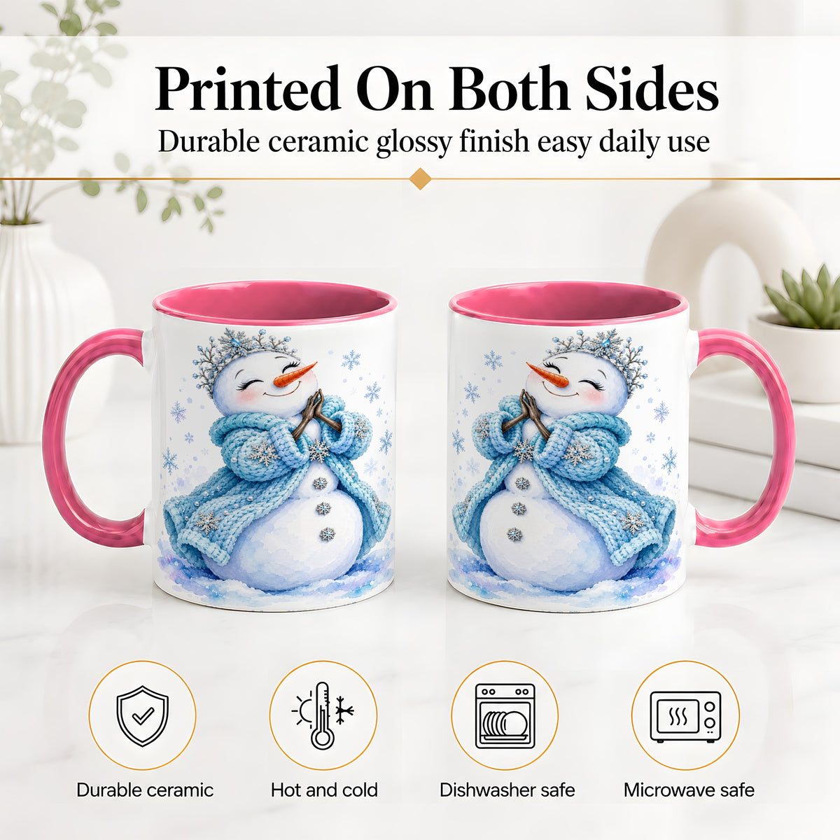 #pl[11oz|Pink] Winter Snowman Accent Mug, Ceramic Mug with Blue Snowflake Art