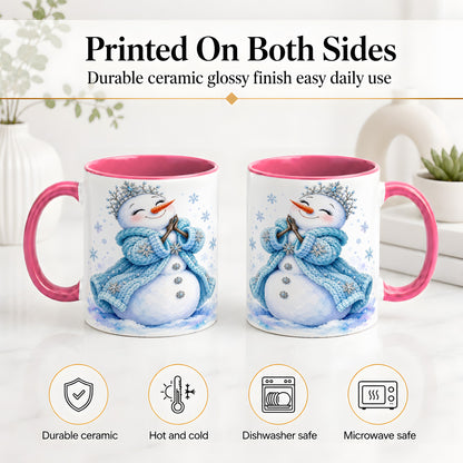 #pl[11oz|Pink] Winter Snowman Accent Mug, Ceramic Mug with Blue Snowflake Art