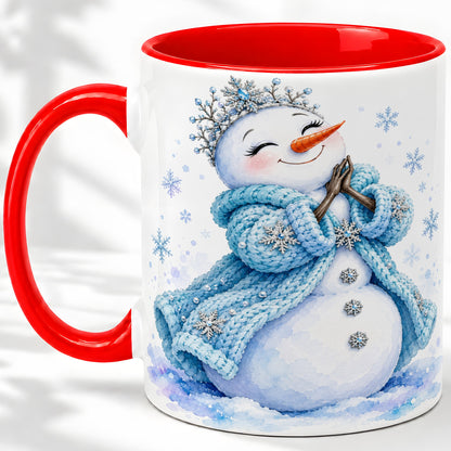 Winter Snowman Accent Mug, Ceramic Mug with Blue Snowflake Art