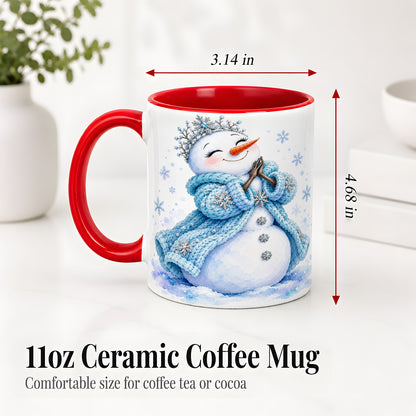 #pl[11oz|Red] Winter Snowman Accent Mug, Ceramic Mug with Blue Snowflake Art