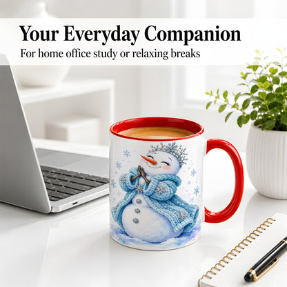 #pl[11oz|Red] Winter Snowman Accent Mug, Ceramic Mug with Blue Snowflake Art