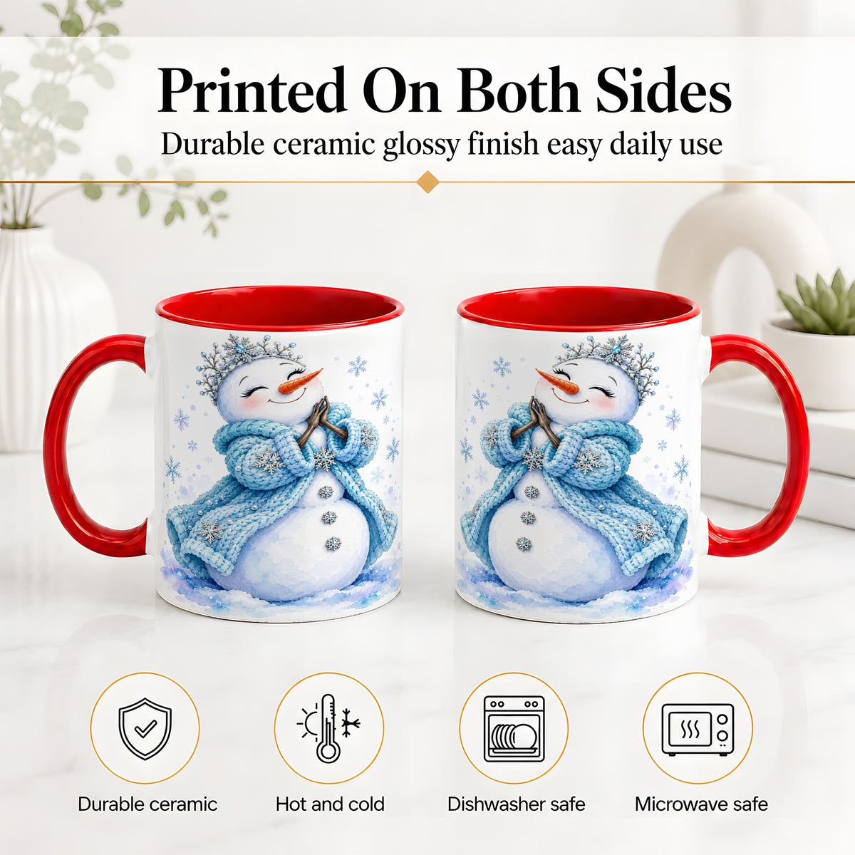#pl[11oz|Red] Winter Snowman Accent Mug, Ceramic Mug with Blue Snowflake Art