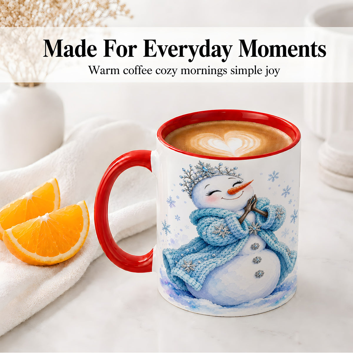 #pl[11oz|Red] Winter Snowman Accent Mug, Ceramic Mug with Blue Snowflake Art