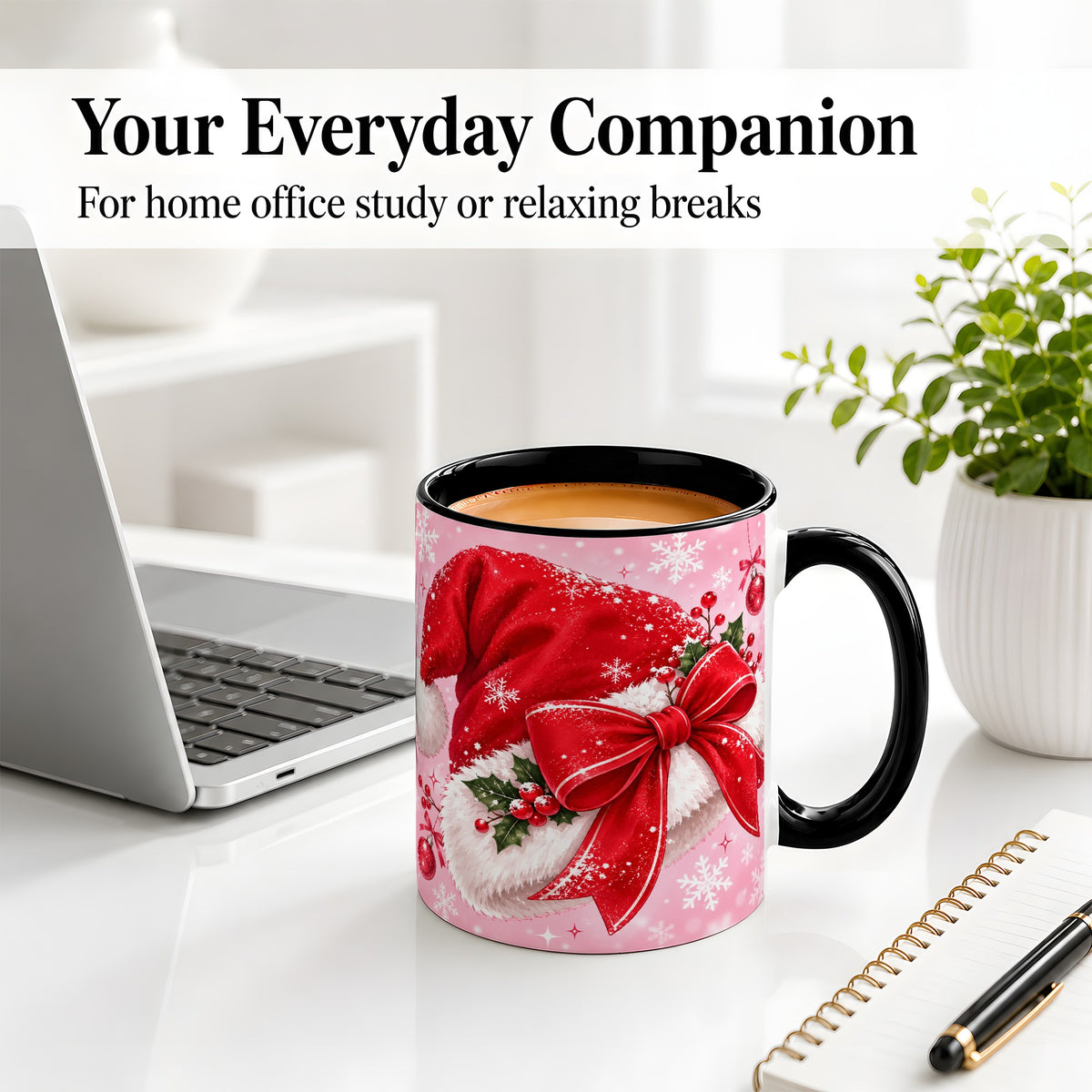 #pl[11oz|Black] Santa Hat Accent Mug, Ceramic Mug with Red Bow Christmas Artwork