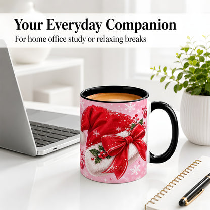 #pl[11oz|Black] Santa Hat Accent Mug, Ceramic Mug with Red Bow Christmas Artwork