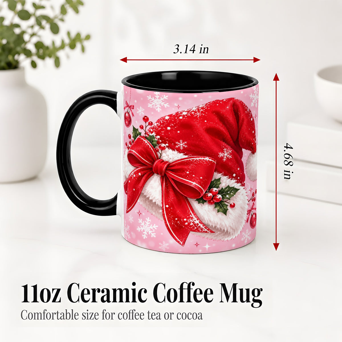 #pl[11oz|Black] Santa Hat Accent Mug, Ceramic Mug with Red Bow Christmas Artwork