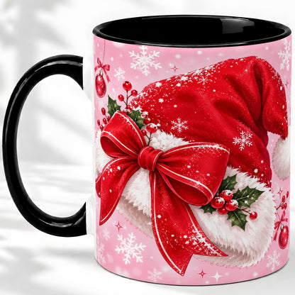 #pl[11oz|Black] Santa Hat Accent Mug, Ceramic Mug with Red Bow Christmas Artwork
