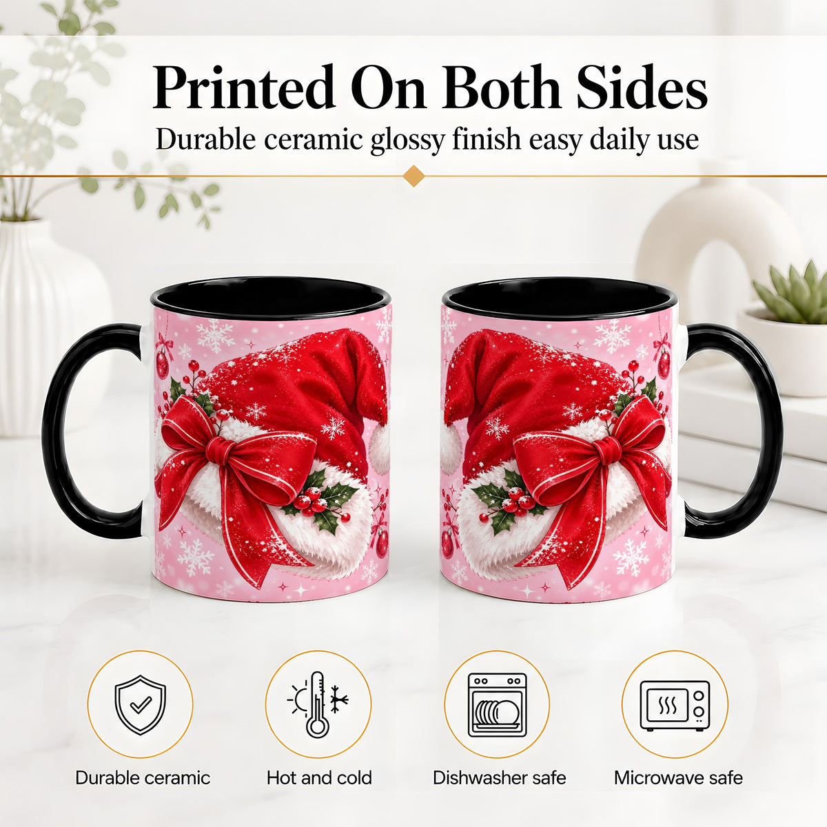 #pl[11oz|Black] Santa Hat Accent Mug, Ceramic Mug with Red Bow Christmas Artwork