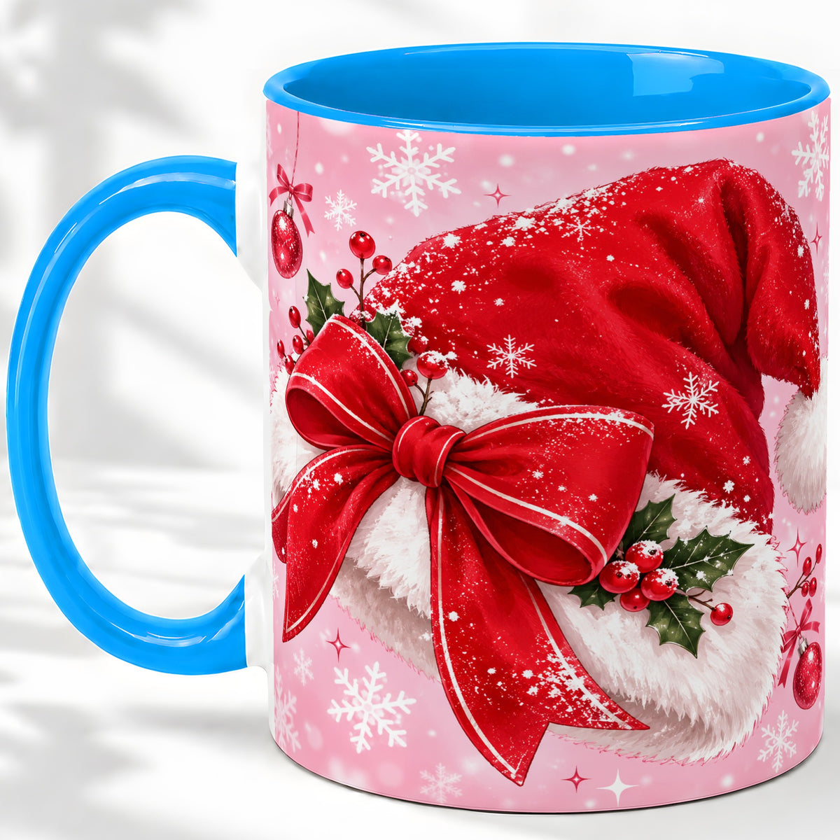 #pl[11oz|Blue] Santa Hat Accent Mug, Ceramic Mug with Red Bow Christmas Artwork