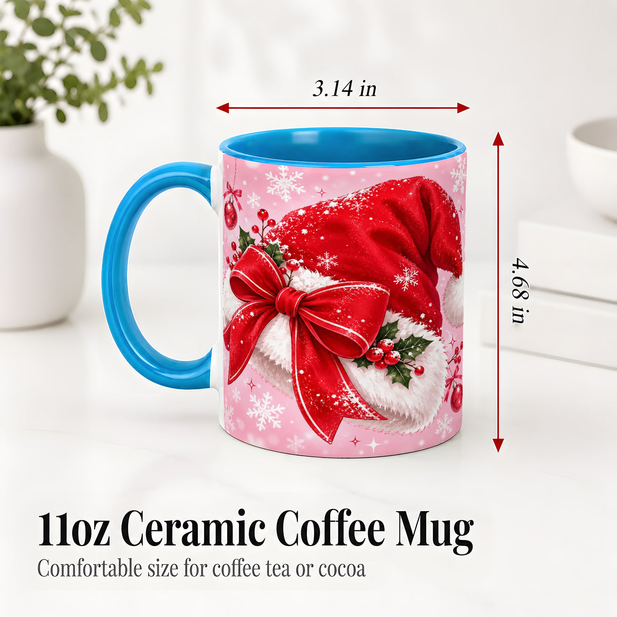 #pl[11oz|Blue] Santa Hat Accent Mug, Ceramic Mug with Red Bow Christmas Artwork