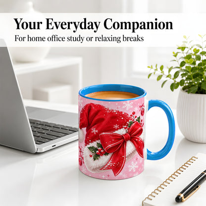 #pl[11oz|Blue] Santa Hat Accent Mug, Ceramic Mug with Red Bow Christmas Artwork