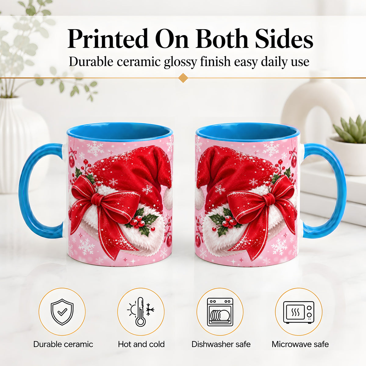 #pl[11oz|Blue] Santa Hat Accent Mug, Ceramic Mug with Red Bow Christmas Artwork