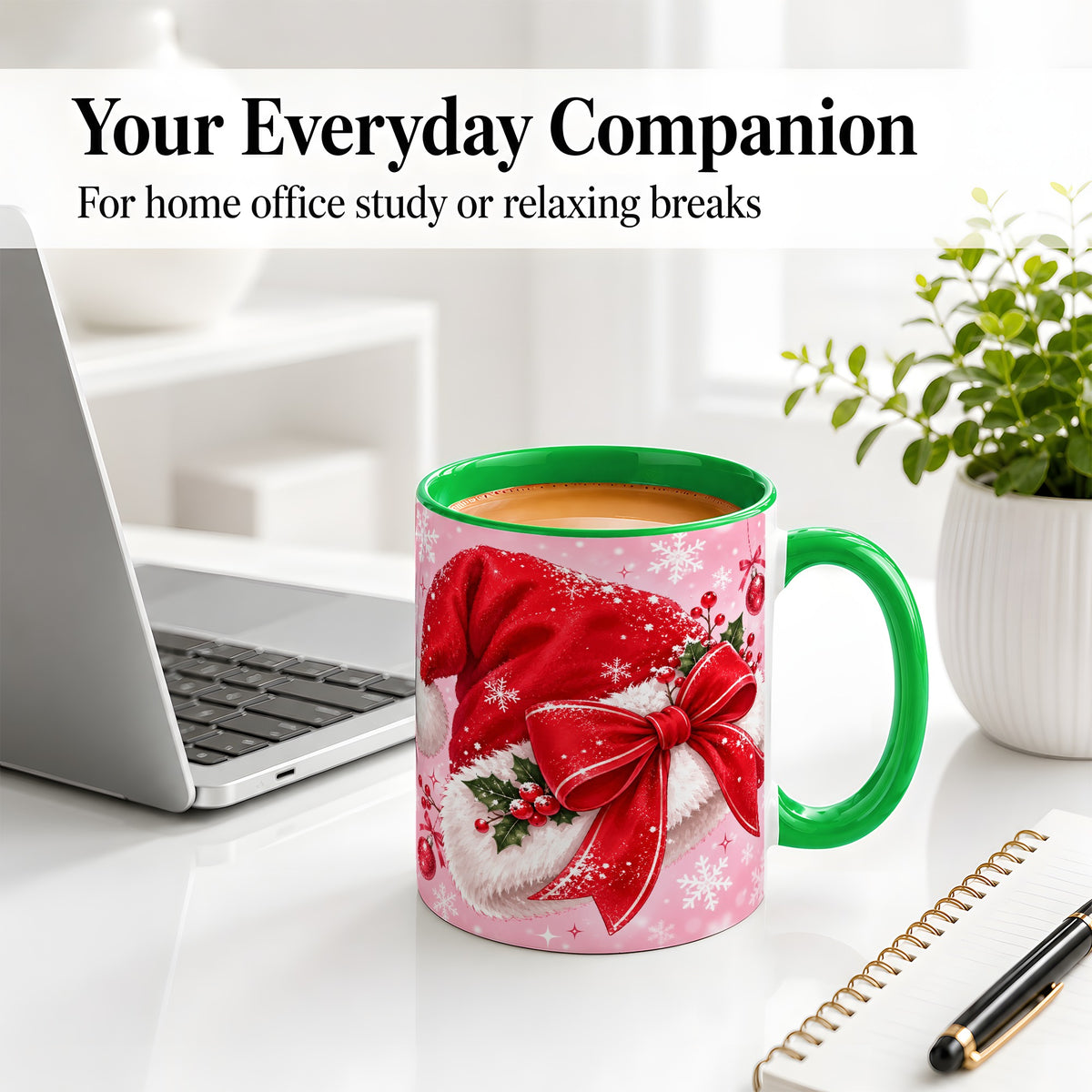 #pl[11oz|Green] Santa Hat Accent Mug, Ceramic Mug with Red Bow Christmas Artwork