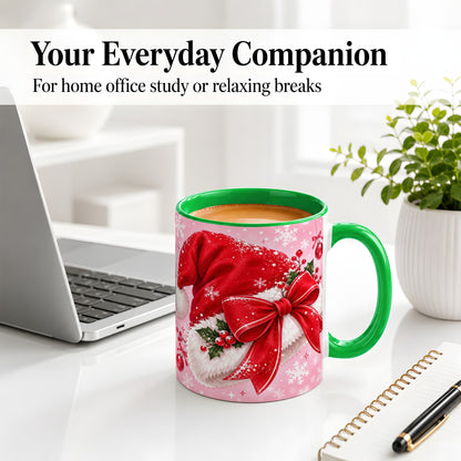 #pl[11oz|Green] Santa Hat Accent Mug, Ceramic Mug with Red Bow Christmas Artwork