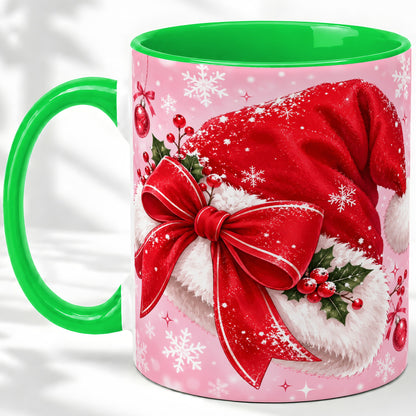 #pl[11oz|Green] Santa Hat Accent Mug, Ceramic Mug with Red Bow Christmas Artwork