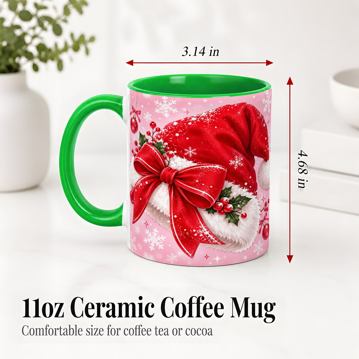 #pl[11oz|Green] Santa Hat Accent Mug, Ceramic Mug with Red Bow Christmas Artwork
