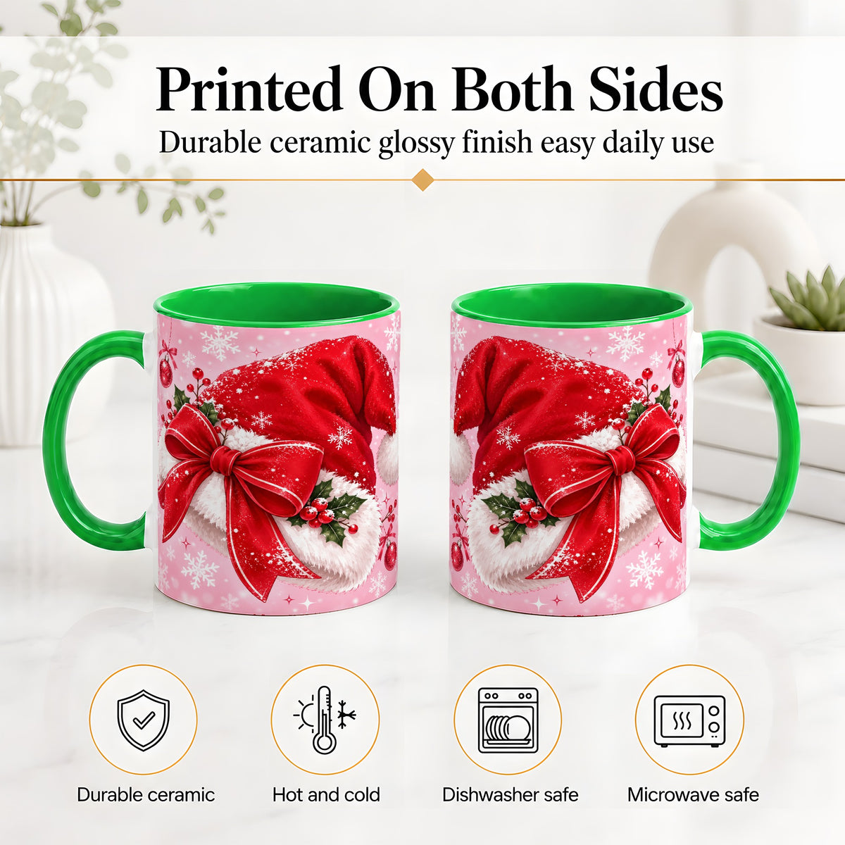 #pl[11oz|Green] Santa Hat Accent Mug, Ceramic Mug with Red Bow Christmas Artwork